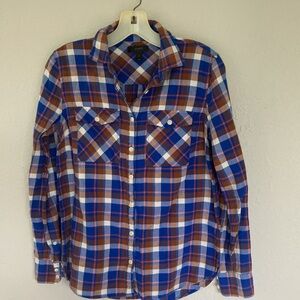 J Crew Cotton Plaid Button Down Shirt Blue/Red Long Sleeves 2 Pockets sz 0